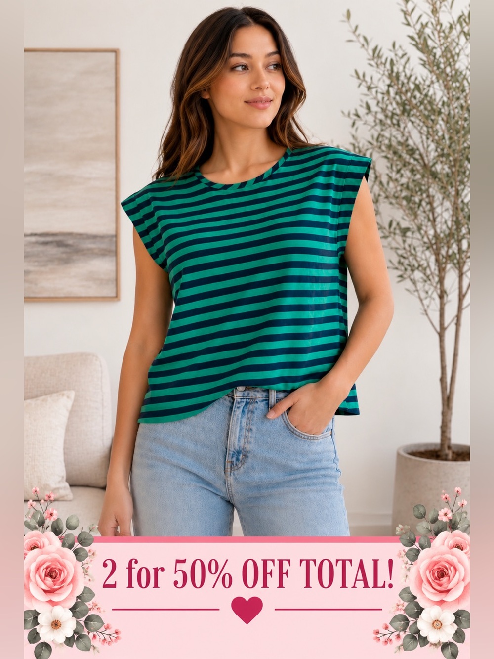 Ali & Kris Green Navy Striped Cap Sleeve Blouse Back Zip L